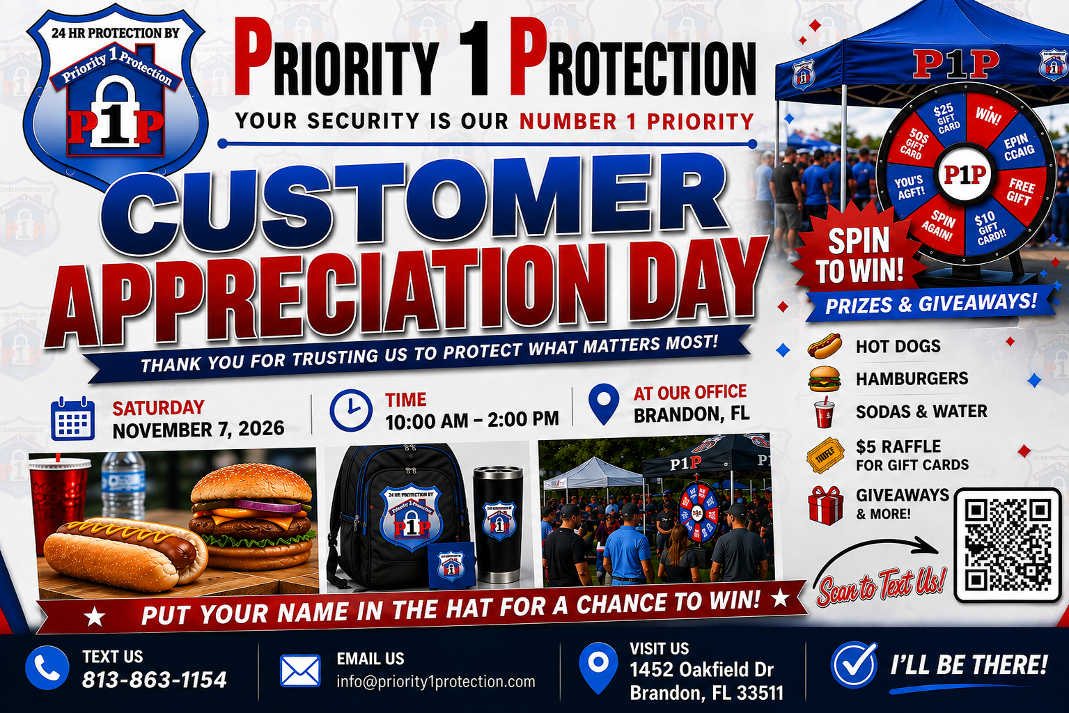 Priority 1 Protection Customer Appreciation Day flyer for Saturday, November 7, 2026, 10 AM to 2 PM in Brandon, Florida