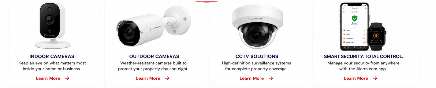 Indoor cameras, outdoor cameras, CCTV solutions, and Alarm.com smart security control