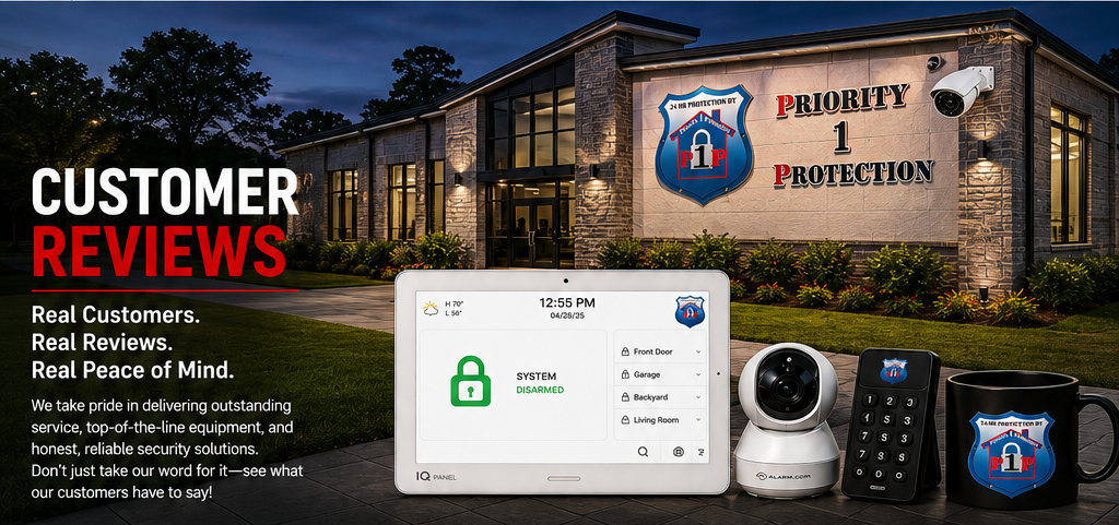 Priority 1 Protection customer reviews with security panel, camera, branded building and mug